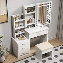 Stylish Dressing Table Set / Dressing Table With Mirror And Lighting / Modern MDF Vanity Table / Including Soft Stool, 4 Drawers / Suitable For Bedrooms And Dressing Rooms, White, W85/H130/D36cm. - White - View 3