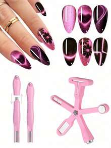 Pink 3D Heart Nail Art Magnet, 9-In-1 Cat Eye Magnet, Double Line & Moon Snake Pattern, Flower & French Nail Art Design, Multi-Effect UV Gel Tool, Suitable For Home, Nail Salon, DIY, Christmas, Valentine's Day, Mother's Day Gift, Suitable For Beginners, Nail Artists, DIY Enthusiasts, Women - Pink - View 8