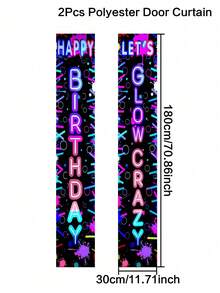 2件装霓虹灯风格生日门帘，印有“生日快乐”字样，生日派对背景装饰，室内/室外悬挂横幅，派对拍照道具，生日横幅，夜光帘，庆祝用品，生日派对礼物，复古派对装饰，悬挂装饰 - 彩色 - 查看 5