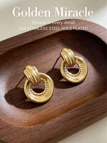 1 Pair Vintage Retro Stainless Steel Vertical Stripe Double Hoop Earrings For Women, Daily Commute Jewelry - Multicolor - View 2