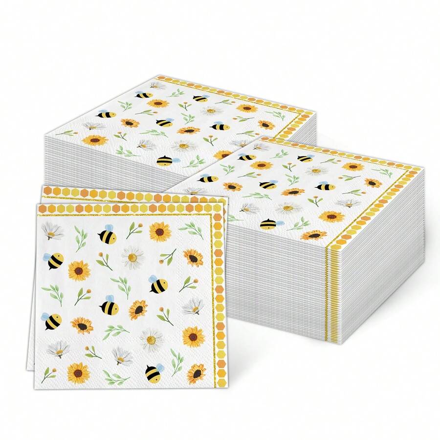 Serviettes en papier à motif d'abeilles 6.5 X 6.5 pouces, serviettes jetables pour déjeuner avec imprimé marguerites, serviettes de déjeuner à nid d'abeille jaune pour le printemps, l'été, la maison, les dîners, les buffets, la vaisselle de fête - Voir 1