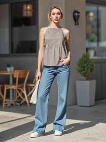 Women's Tie Strap Tank Tops Solid Plaid Pattern Side Ties Sleeveless Spaghetti Straps Camisole for Summer - Café integral - Ver 4