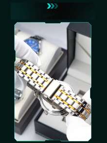 VA VA VOOM 1 Stück elegante Herren Edelstahl Armbanduhr, Uhr mit Strass-Skala Farbverlauf Zifferblatt für Männer, Woche+Kalender Fenster, wunderschöner Stil Herren Uhr, geeignet als Urlaubsgeschenk - Einheitsgröße - Übersicht 6