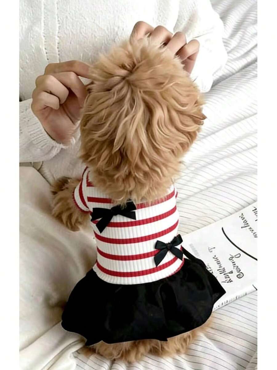 Lightweight Breathable Striped Dog Dress, Casual Pet Clothes For Small Dogs, Spring/Summer - Red and White - View 1