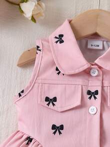 Baby Girl Sleeveless Dress With Collar, All-Over Bow And Button Design, Sweet Princess Style Infant Dress - Pink - View 5