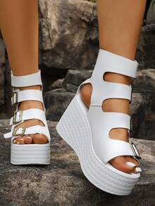 Giày sandal đế cao kiểu La Mã màu trắng mới, kiểu dáng mùa hè, đế dày, trang trí khóa kim loại cổ điển, thiết kế cổ cao khoét rỗng với khóa kéo phía sau, thời trang, đế chống thấm nước, nhẹ, phù hợp với nhiều trang phục. - trắng - Xem 5