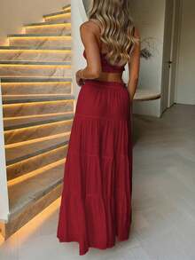 Look-Polly 女士优雅夏季婚礼活动两件套，性感吊带露脐上衣显瘦，优雅A字裙，沙滩连衣裙套装，适合派对和度假 - 酒紅色 - 查看 9