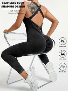 Women's Vintage Sand Washed Jumpsuit With Cross Backless Straps – Ideal For Gym And Daily Work Outfits - màu đen - Xem 1