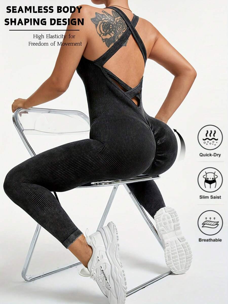 Women's Vintage Sand Washed Jumpsuit With Cross Backless Straps – Ideal For Gym And Daily Work Outfits - màu đen - Xem 1