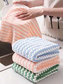 1pc/5pcs/10pcs Thickened Wavy Texture Dishcloth, Striped Coral Fleece Cleaning Cloth, Non-Stick Oil Removal, For Kitchen, Bathroom, Home Supplies - A - View 3