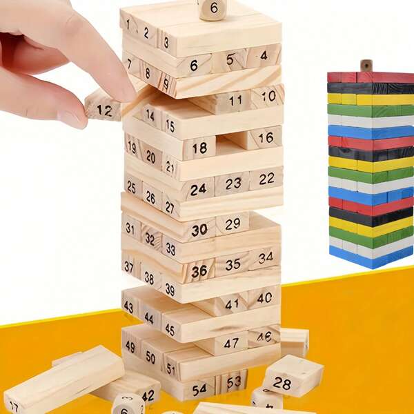 54 pezzi Blocchi di costruzione in legno di pino creativi, in legno colorato, giocattoli di legno per sollievo dallo stress, gioco di costruzione di torri in legno, gioco di ribaltamento e abbattimento, regalo di compleanno [consegna casuale]