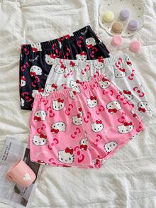 SANRIO Y2K风格KT猫咪格子短裤，可爱卡通印花松紧腰休闲睡裤 - 彩色 - 查看 3