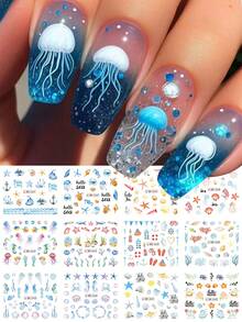海洋水纹美甲贴纸，12种图案，包含海星、贝壳、海藻、花朵等海洋生物，水转印贴纸，适用于夏季春季DIY美甲装饰，美甲用品 - 彩色 - 查看 3