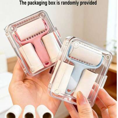 一套便携式迷你粘毛滚筒套装 - 1 个滚筒手柄 + 3 个替换滚筒，强力粘胶，适用于去除宠物毛发，使用方便，手柄可重复使用，无需电源，适用于宠物/衣物/地毯/汽车座椅，宠物主人必备。