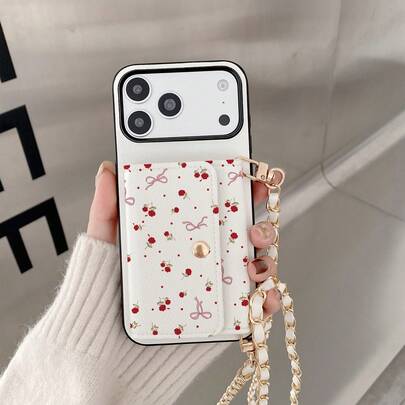 1个优雅花卉图案卡包斜挎手机壳，兼容苹果17/16/16e/15/14 Plus/13/12/11 Pro Max，蝴蝶和小熊印花保护套