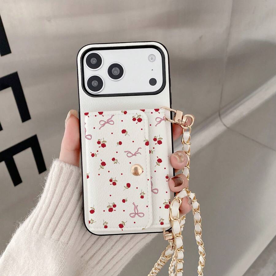 1个优雅花卉图案卡包斜挎手机壳，兼容苹果17/16/16e/15/14 Plus/13/12/11 Pro Max，蝴蝶和小熊印花保护套