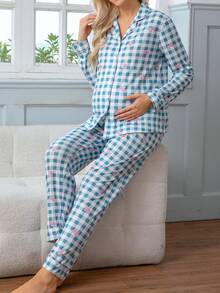 Bộ đồ ngủ sau sinh cho bà bầu, áo khoác cardigan và quần dài màu xanh kẻ caro nhẹ, có nơ, thích hợp mặc ở nhà cho phụ nữ mang thai. - Nhiều màu - Xem 3