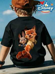 Official Authorization Disney Zootopia Nick Wilde Judy Hopps 3D Breakthrough Print Kids T-Shirt, Boys Cute Cartoon Graphic Short Sleeve Tee, Summer Casual Tops For Daily Wear Theme Park, Children's Holiday Gift - 黑色 - 查看 1