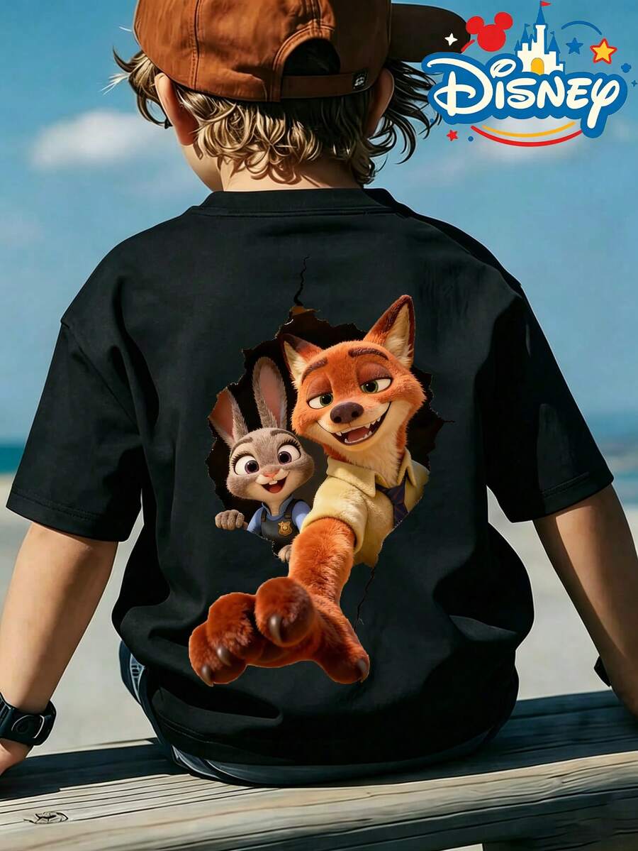 Official Authorization Disney Zootopia Nick Wilde Judy Hopps 3D Breakthrough Print Kids T-Shirt, Boys Cute Cartoon Graphic Short Sleeve Tee, Summer Casual Tops For Daily Wear Theme Park, Children's Holiday Gift - 黑色 - 查看 1