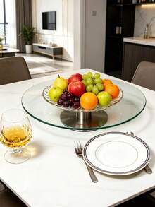 Vassoio rotante in vetro temperato a singolo strato, design minimalista per casa/sala da pranzo, girevole per frutta e spuntino, base in acciaio inossidabile, durevole - Visualizzare 2