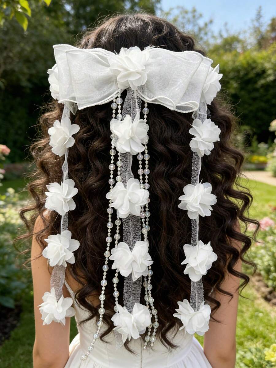 1 pieza Elegante clip de pelo con flor blanca, cuentas y borlas de malla en estilo de lazo, accesorio de pelo, regalo de cumpleaños - Blanco - Ver 1