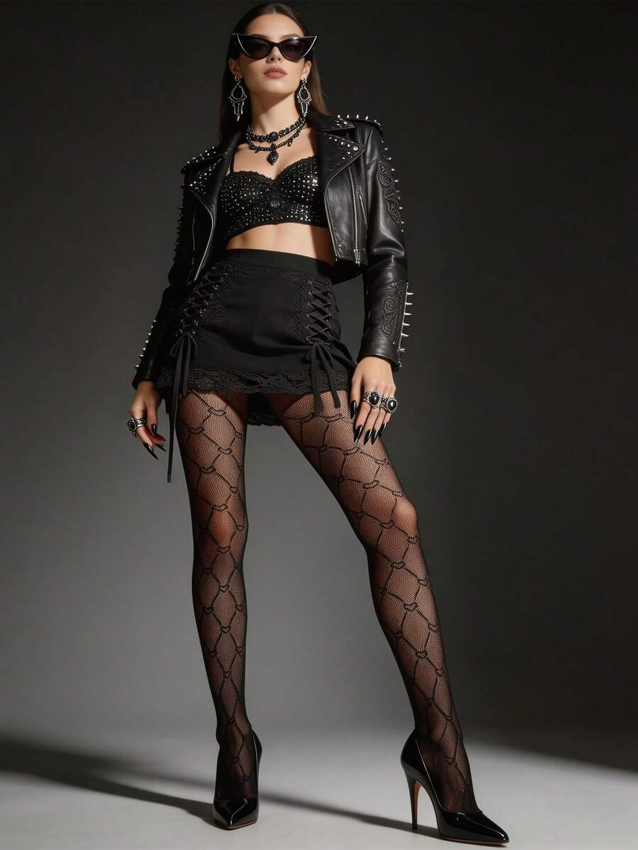 1 pieza Medias ajustadas y sexys para mujer con diseño de red calada con corazones entrelazados, pantimedias finas y transparentes para primavera/verano, medias que estilizan y favorecen las piernas con estilo Y2K del milenio, medias versátiles de color negro adecuadas para disfraces de Halloween - Negro - Ver 1