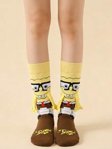 SpongeBob SquarePants 1/2 Đôi tất nam châm dài đến bắp chân hiệu SquarePants, kiểu dáng hoạt hình dễ thương độc đáo, dành cho cặp đôi/bạn thân, phong cách Nhật Bản & Hàn Quốc, mùa xuân/thu mới. - Nhiều màu - Xem 4