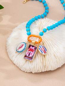 1 pieza Collar de cuentas de resina multicapa con encantos de peces y estrellas de mar de estilo playero de verano para mujeres, joyería bohemia con colgantes de estrellas de mar y peces, adecuado para vacaciones y fiestas en la playa - Multicolor - Ver 4