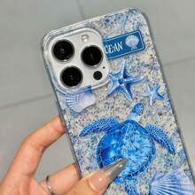 Ốp lưng điện thoại hình rùa biển lấp lánh trong suốt, họa tiết đại dương dễ thương với sao biển và vỏ sò, ốp chống sốc thẩm mỹ cho iPhone - Màu xanh lam - Xem 5