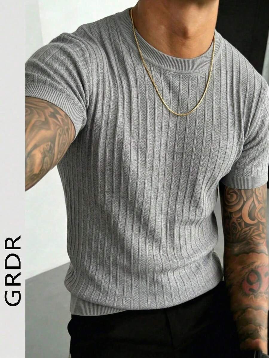 GRDR Men's Summer Ribbed Crew Neck Short Sleeve Knit Sweater, Suitable For Summer Outings, Essential For Fashionable Styling