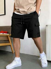 1pc Men's Solid Color Casual Loose Fit Knee Length Shorts, Versatile For Daily Commute, Streetwear, Outdoor Exercise, Running, Fitness, Leisure, Spring/Summer - Black - View 1