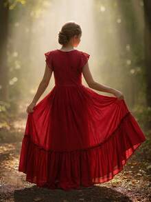 Tween Girl Solid Color Contrast Lace Trimmed Decorative Border One Piece Dress - Burgundy - View 3