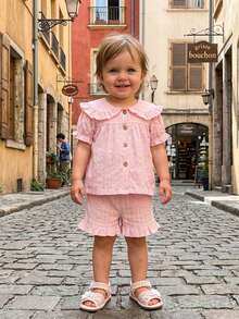 Toddler Baby Girl Summer Outfit Solid Puff Sleeve Doll Collar Button-Up Tops And Ruffled Shorts 2 Piece Set - Pink - View 6