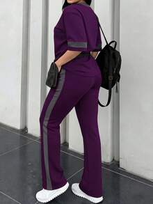 2pcs Women's Spring/Autumn Round Neck Short Sleeve T-Shirt And Elastic Waist Loose Pants Set, Casual Daily Wear Summer - Dark Purple 64 - View 9
