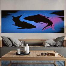 1 Pieza de Arte en Lienzo con Silueta Negra y Rosa - Cuadro Abstracto Modernista Minimalistico Azul Marino & Morado, Impresión Sin Marco para Sala Dormitorio Oficina Bar Decoración Ideal Regalo Inauguracion Casa Boda Navidad Año Nuevo Adornos Murales Pez Y Rojo Gran Tamañito Bonita Habitaciones - Enmarcado - Ver 4