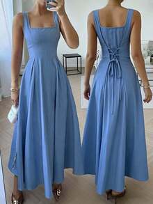 优雅的梭织面料交叉长裙，适合度假、生日派对、约会等场合。 - 藍色 - 查看 1