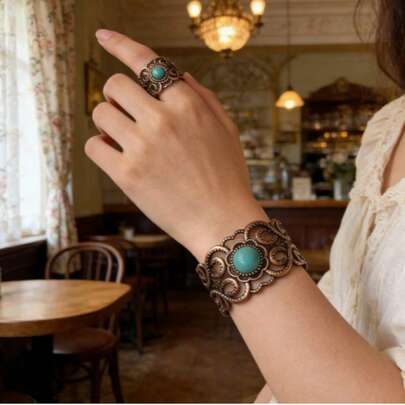 Vintage American Turquoise Bracelet & Ring Set, Antique Bronze Distressed Wide Bangle, Boho Fashion Accessory