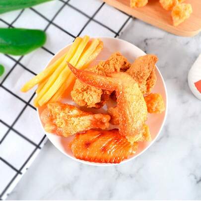 1 móc khóa đồ ăn mềm dẻo hình dáng thực tế, mô phỏng đùi gà rán, cánh gà, gà popcorn, khoai tây chiên, móc khóa đồ ăn mini.