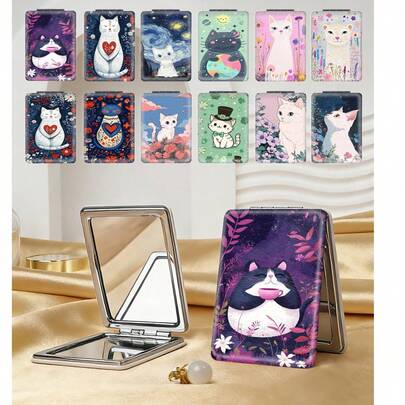 1pc Cute Animal Series Portable Vanity Mirror, Foldable Lightweight Compact Handheld Mirror, PU Leather, Floral, Cat, Heart Print Design, Foldable Rectangular Pocket Mirror, Suitable For Various Occasions Like Travel, Party, Work