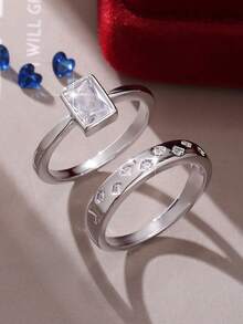 Bộ 2 chiếc nhẫn vuông đính đá Cubic Zirconia lấp lánh cổ điển, sự lựa chọn trang sức hoàn hảo cho Ngày Valentine, Kỷ niệm, Đám cưới, Đính hôn, Cầu hôn, Nhẫn đôi. - Bạc - Xem 1