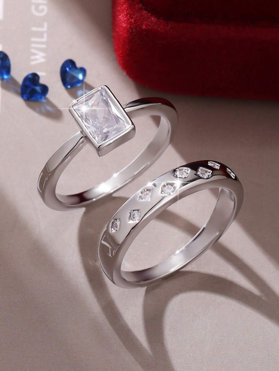 Bộ 2 chiếc nhẫn vuông đính đá Cubic Zirconia lấp lánh cổ điển, sự lựa chọn trang sức hoàn hảo cho Ngày Valentine, Kỷ niệm, Đám cưới, Đính hôn, Cầu hôn, Nhẫn đôi. - Bạc - Xem 1