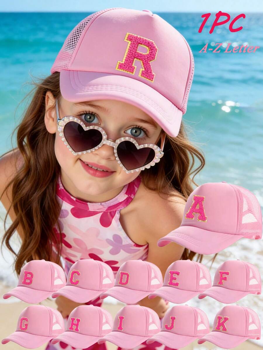 1顶儿童26字母卡车司机帽，透气网眼帽，时尚休闲帽，适合女孩返校日常佩戴 - 粉色 - 查看 1