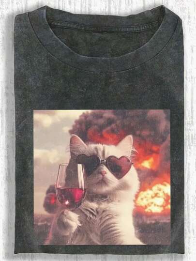 抽象黄色小猫短袖T恤，独特小批量设计女装，水洗棉大码女装，日常女装，雪花图案面料，宽松舒适圆领休闲上衣，复古破洞T恤，标准版型女装，春夏服装，大码