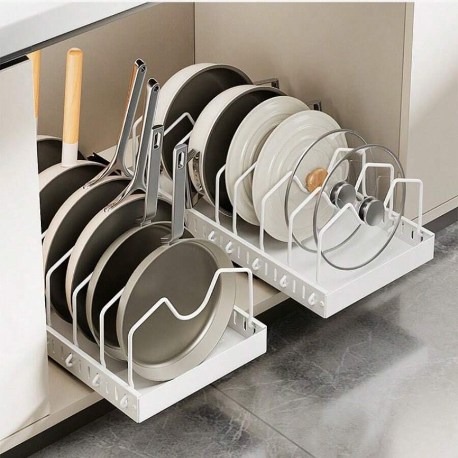 1个滑动式锅盖收纳架，橱柜式锅盖和烘焙用具架，拉出式厨具收纳架 - 白色 - 查看 1