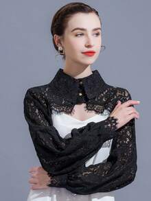 1 chiếc áo khoác ngắn tay dài thời trang nữ, chất liệu ren và viền lông mi, kiểu dáng lửng, hơi xuyên thấu với cổ áo có thể tháo rời, thích hợp cho đi biển, nghỉ lễ. - màu đen - Xem 6