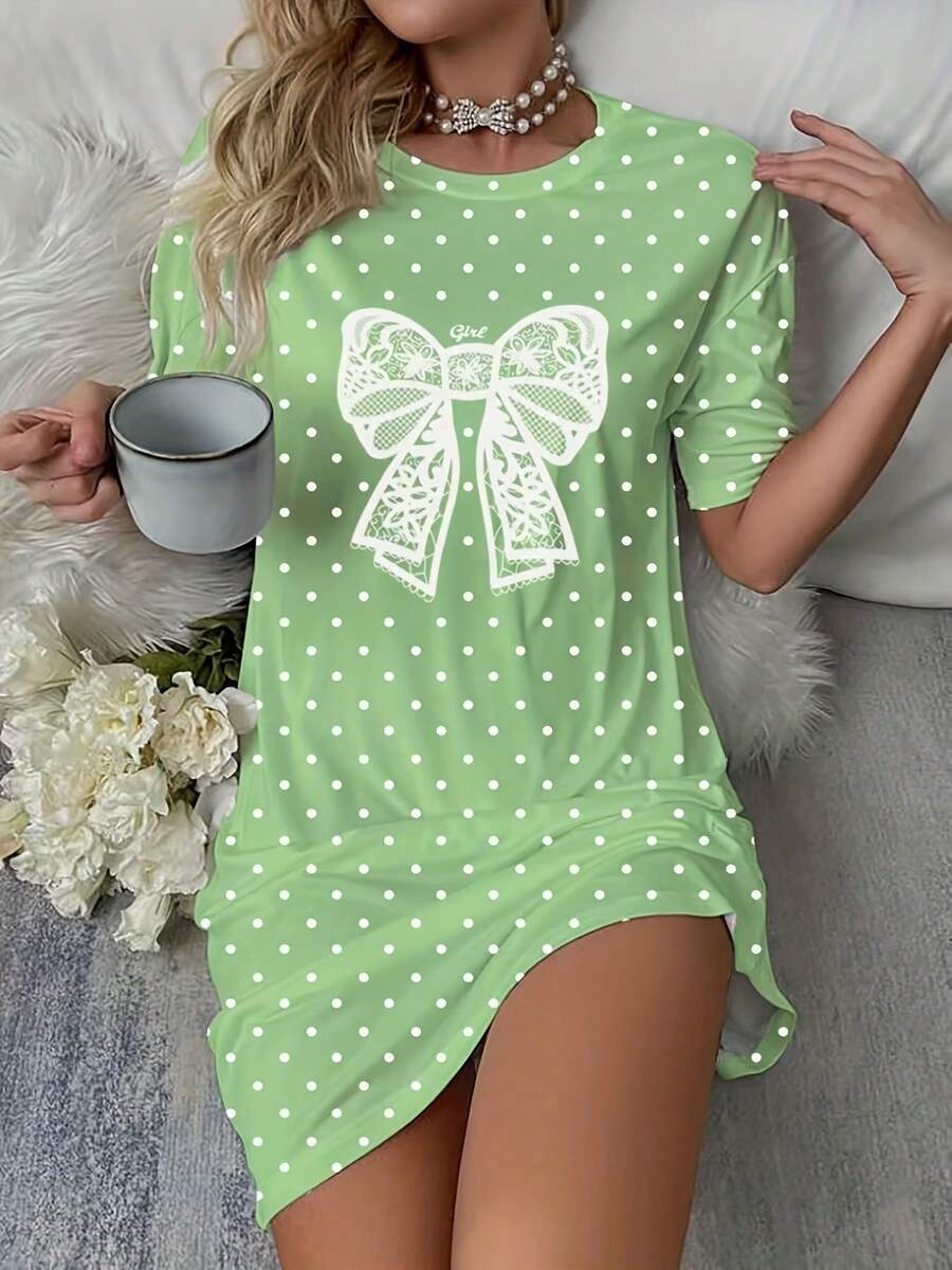女款休閒波點印花蝴蝶結四季洋裝,休閒女款短袖圓領T恤睡裙-女款居家服 - 綠色 - 查看 1