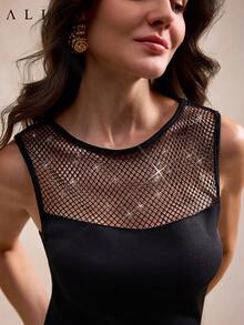 Aliao Spring/Summer Rhinestone Mesh Sheer Round Neck Sleeveless Bodycon Tank Top, Elegant & Fashionable For Daily, Party, Date Wear Casual Black - Black - View 1