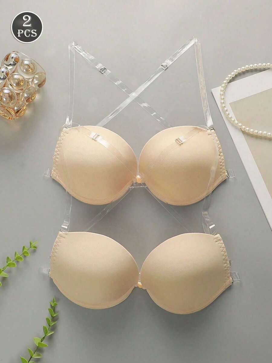 2pcs Women's Solid Color Bras, With Straps And Strapless, Non-Padded Cups - Apricot - View 1