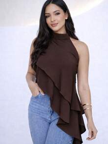 Women's Crepe Fabric Blouse, Asymmetrical High Neck, Long With Ruffles, Boho Chic, Elegant, Autumn Trend - 鏽棕色 - 查看 1