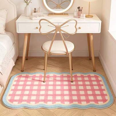 1pc Wavy Edge Pink & White Plaid Asymmetrical Carpet, Decorative Rug, Bedroom Decor, Small Rug, Carpet, Home Decor, Living Room Carpet, Living Room Small Rug, Bedroom Rug, Living Room Home Decor, Outdoor Rug, Washable Rug, Thick Carpet, Fluffy Carpet, Autumn/Winter Rug